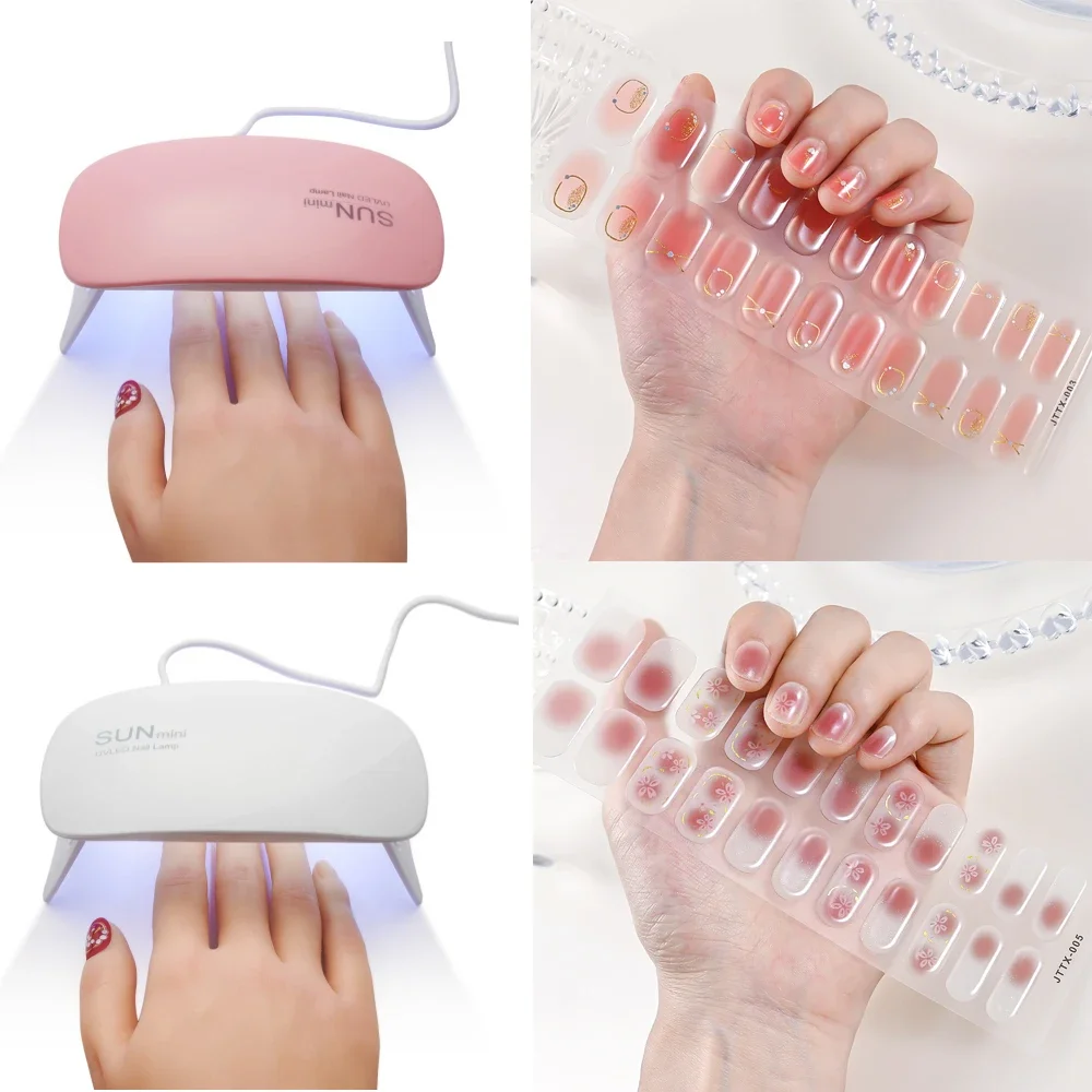 Lâmpada uv curada gel tiras de unhas adesivo de longa duração tiras de esmalte envolve cobertura completa cor pura gel francês arte do prego adesivos