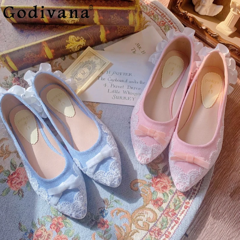 

Elegant Gentle Temperament Pointed Flat Shoes Women's Original Lace Bowknot Ruffled Single Shoes Female Japanese Lolita Shoes