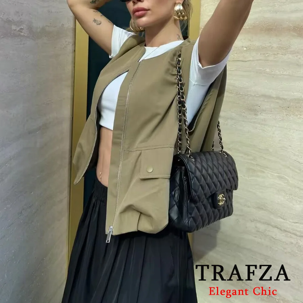 TRAFZA Casual Chic Solid Vest Women Sleeveless Vest Fashion 2024 Summer Zipper+Pocket Loose Vest Blouses Sports HighStreet Coat