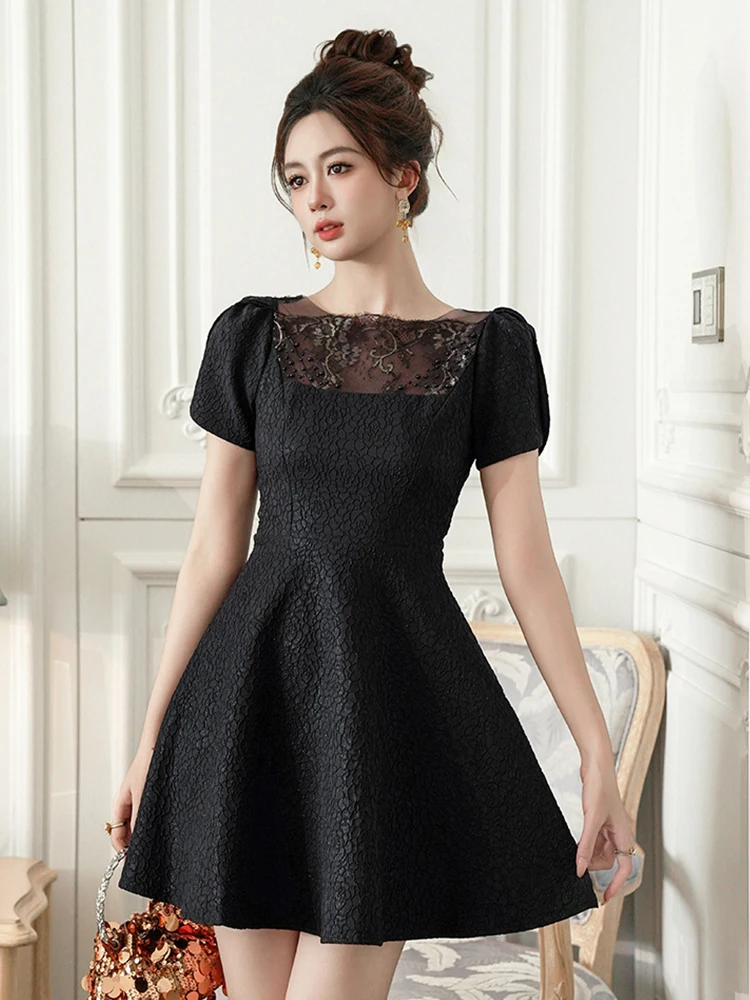 Minivestido negro Vintage elegante para mujer, vestido Retro bonito de seda con vuelo, Vestidos de fiesta para mujer, ropa informal diaria para mujer