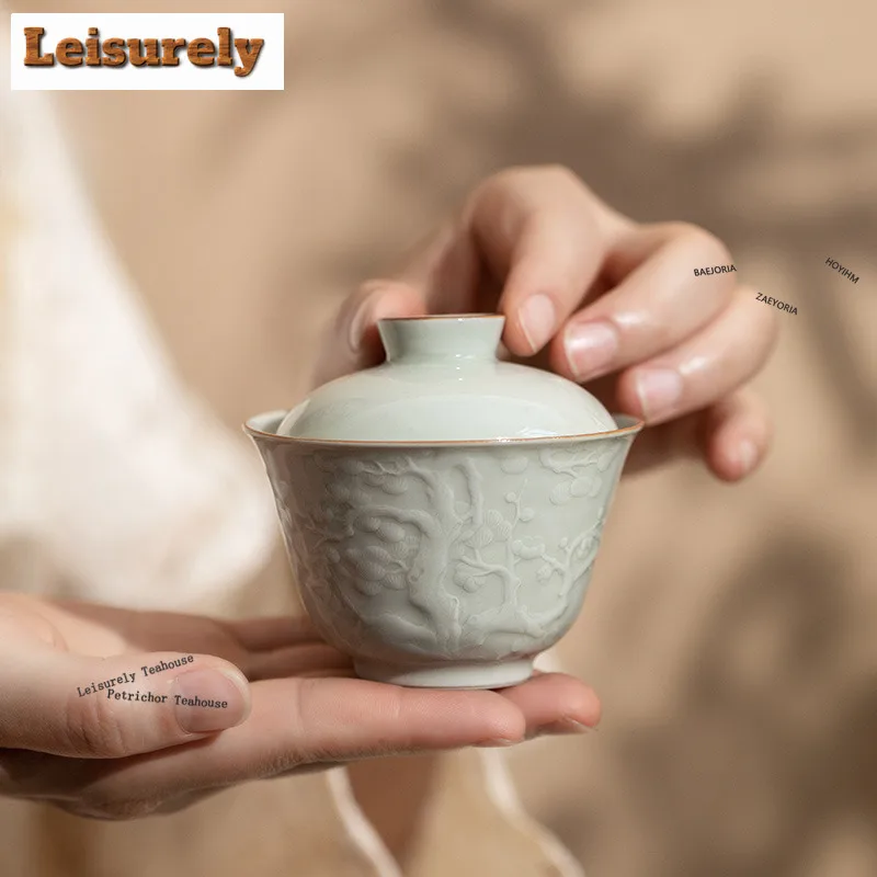 HOYIHM 100ml Ice Table Glaze Handmade Relief Gaiwan Vintage Tea Tureen Tea Bowl With Lid Kit Tea Making Cover Bowl Tea Items Cha