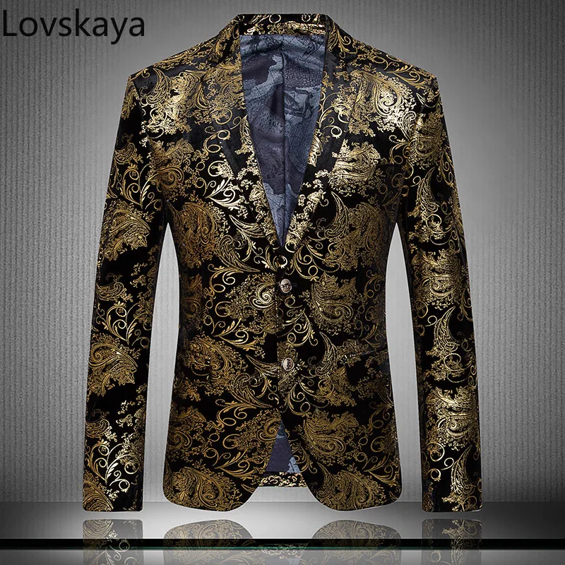 

fashion trend men's dress Suit Personalized single suit jacket Slim flower print velvet suit