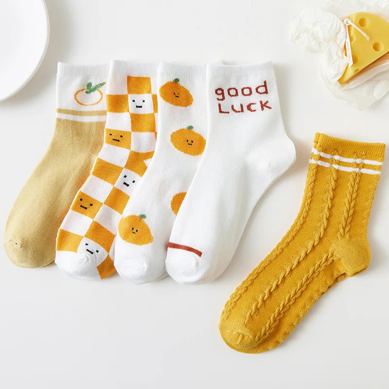 5 Pairs Women Fruit Print Socks Set Cute Casual Korean Fashion Kawaii Japanese Style Pumpkin Strawberry Banana Peach Avocado Sox