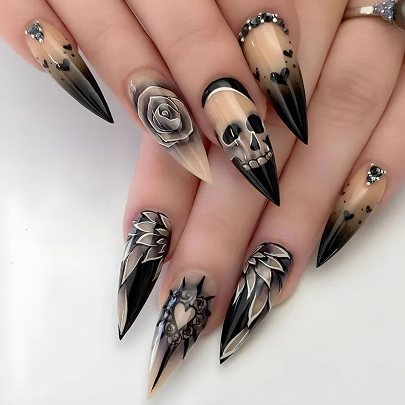 

24Pcs Long Almond Press on Nails - Halloween Design with Rose Pattern, Black Hearts, Skull and Black Rhinestones