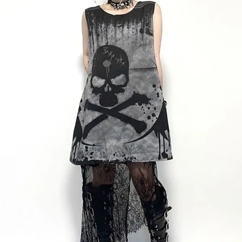 Subcultural American High Street O Neck Sleeveless Dresses Gothic Skull Print Vintage Harajuku Women Dress Y2k Aesthetic Clothes