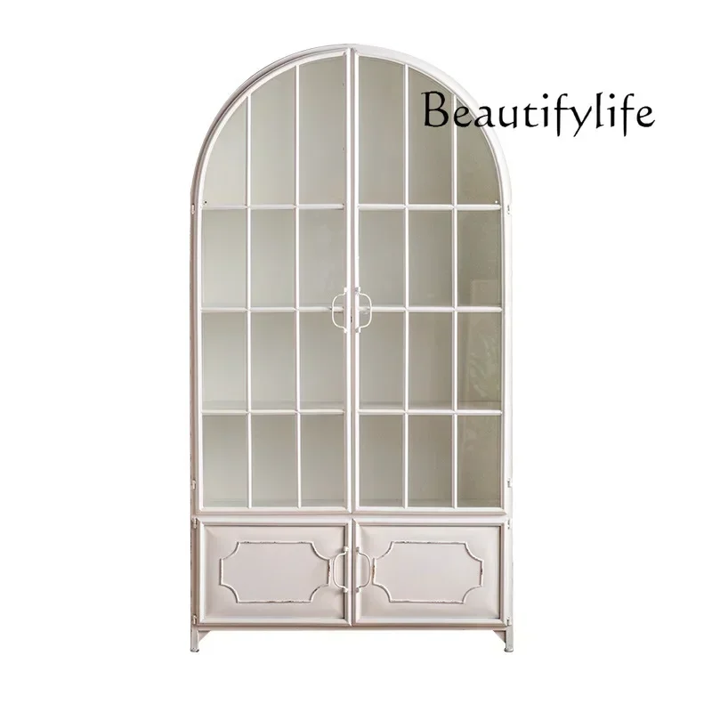 

White creative arched storage wine cabinet wrought iron display bookcase with glass door, dining side cabinet against the wall