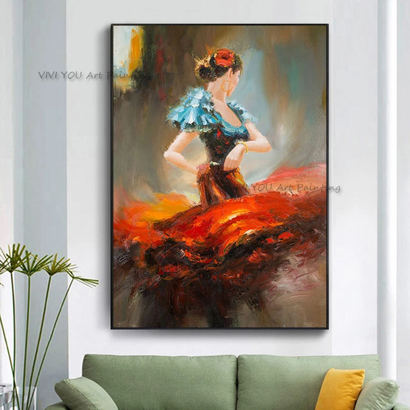 Handmade All-hand Brushed Dancer Canvas Art, Heavy Textured Flamenco Performer Abstract Oil Painting Vintage Entryway Wall Decor