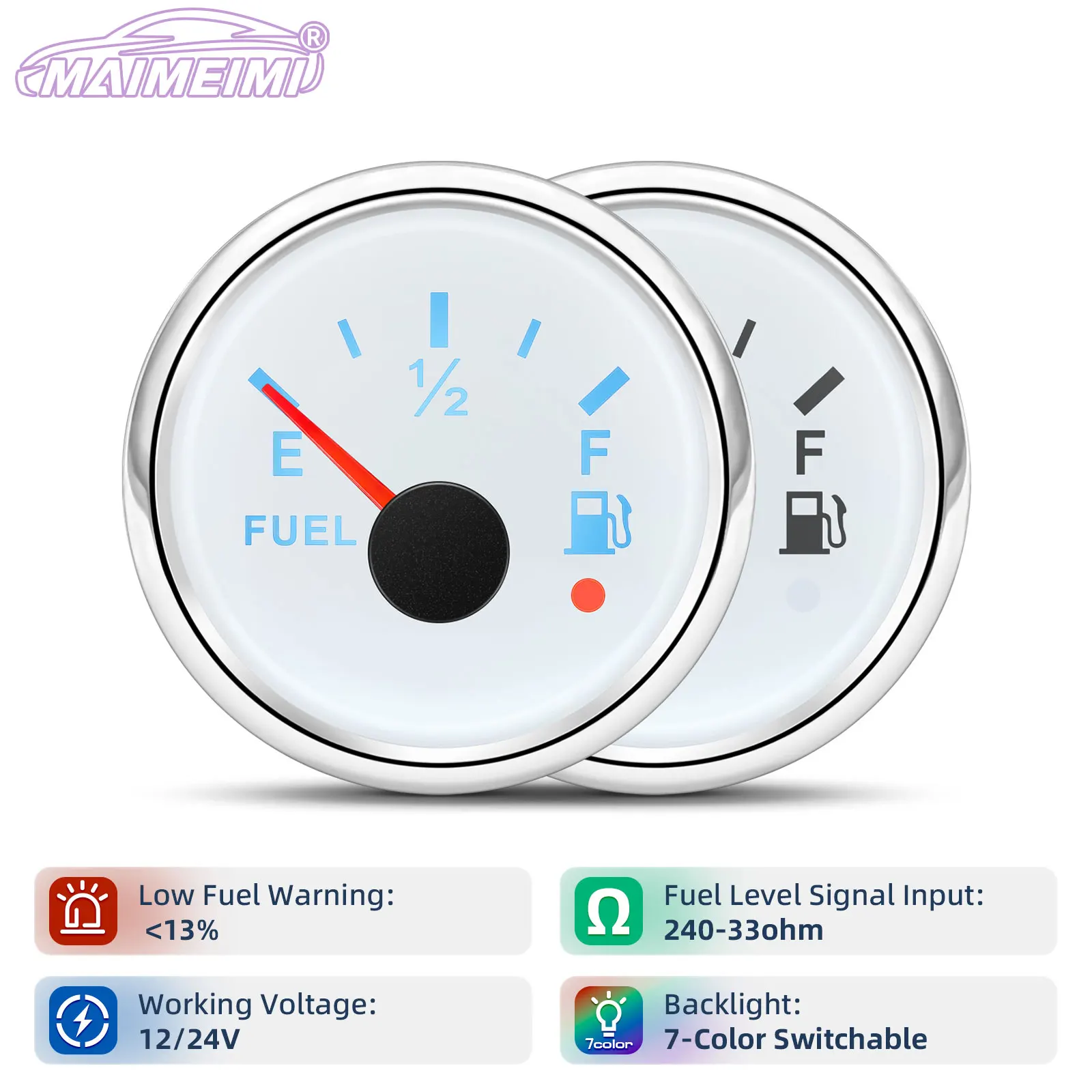 240-33ohm 7-Color Backlight Fuel Level Gauge 2'' 52MM Car Meter Level Sensor (Optional) Customizable Length Oil Level Indicator
