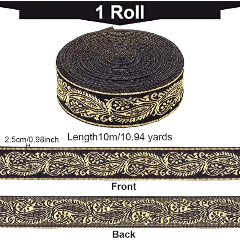 11 Yard Black Vintage Jacquard Ribbon Ethnic Style Floral Woven Trim 1 inch Jacquard Gold Vine on Ribbon Trim