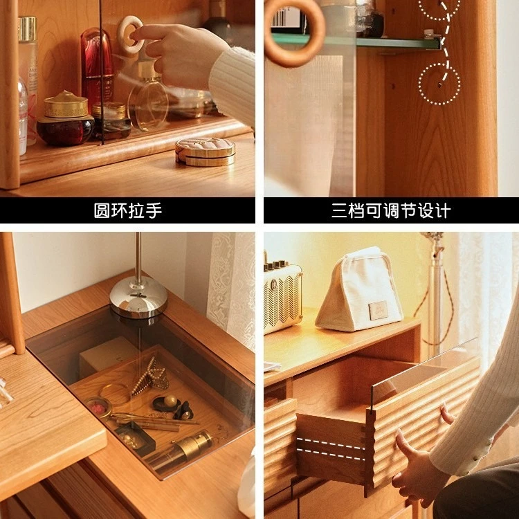 خزانة طاولة مكياج من الخشب الصلب الاسكندنافي مدمجة، خزانة جانبية للسرير من خشب الكرز قابلة للسحب #2