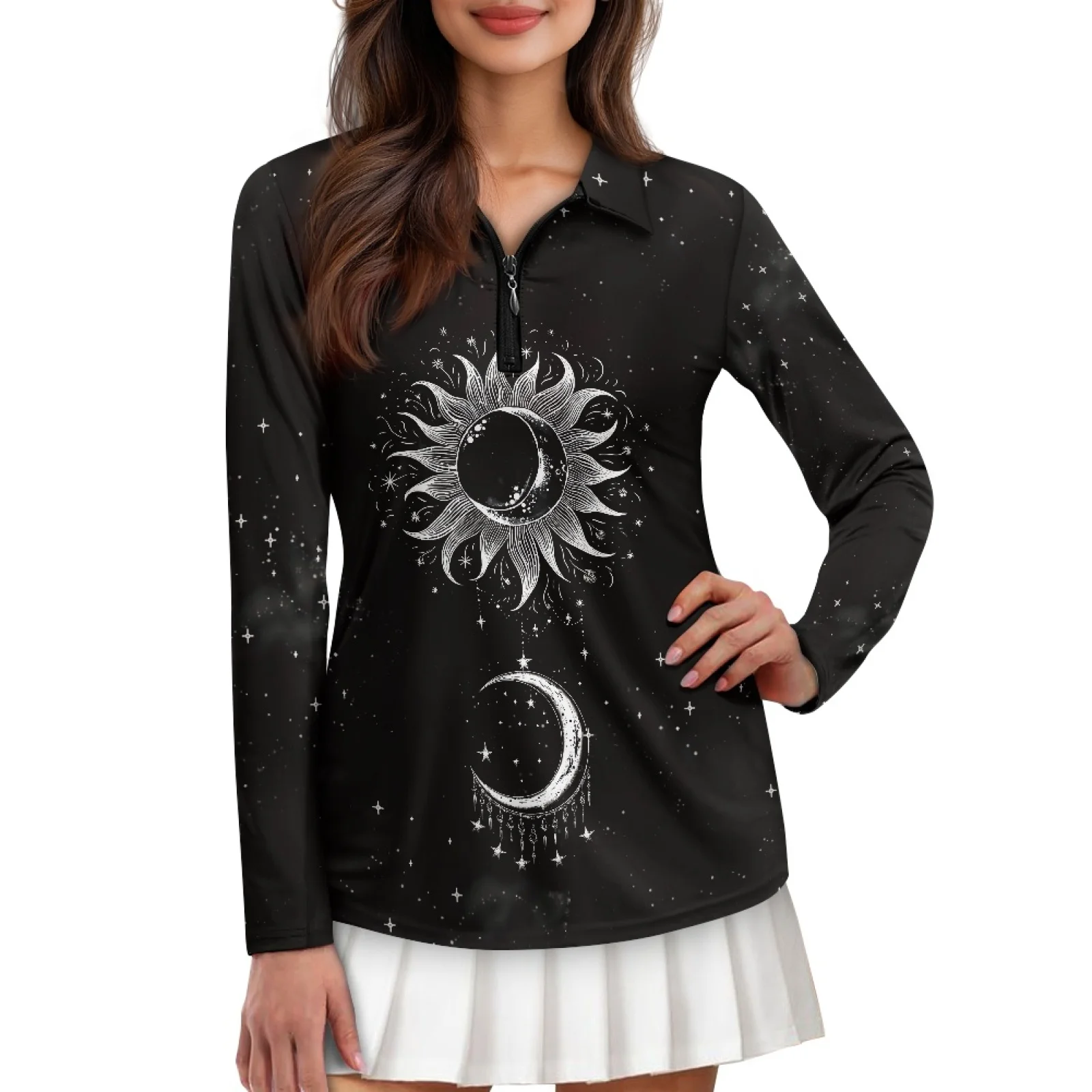 PENSTROLL Sun Moon Starry Womens Long Sleeve Tennis Activewear Blouses Plus Size Zip Polo Tennis Top for Golf Course