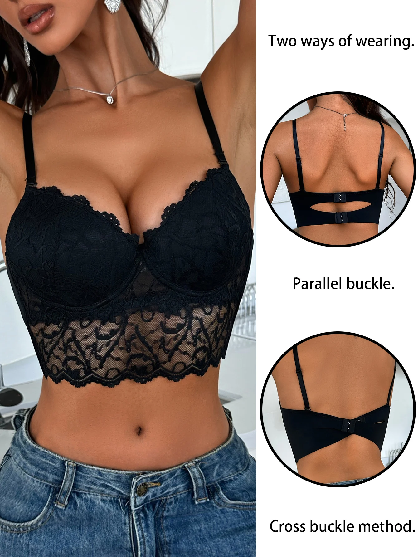 Women's B Cup Sexy Lace Bra, Two Back-Wearing Styles Push-Up Underwear, Plunge Fashionable Breathable Hem Comfortable Women's Intimate Clothing