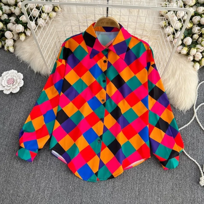 

2024 New Summer Women's Casual Fashion Elegant Commuter Lapel Button Loose Single Breasted Retro Printed Checkered Shirt Top