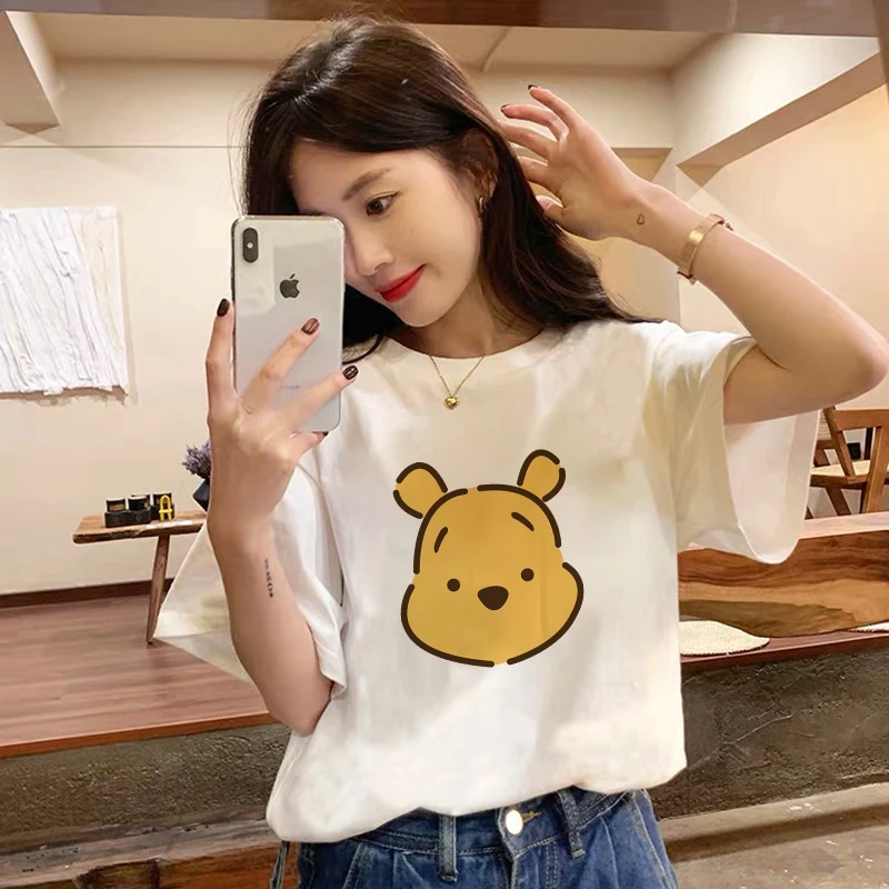 Disney Kubuś Puchatek Moda Damska Kawaii Cartoon Śliczna Grafika Zabawny Nadruk Bawełniany Letni Top Y2K Harajuku Wiatr Para T-shirt