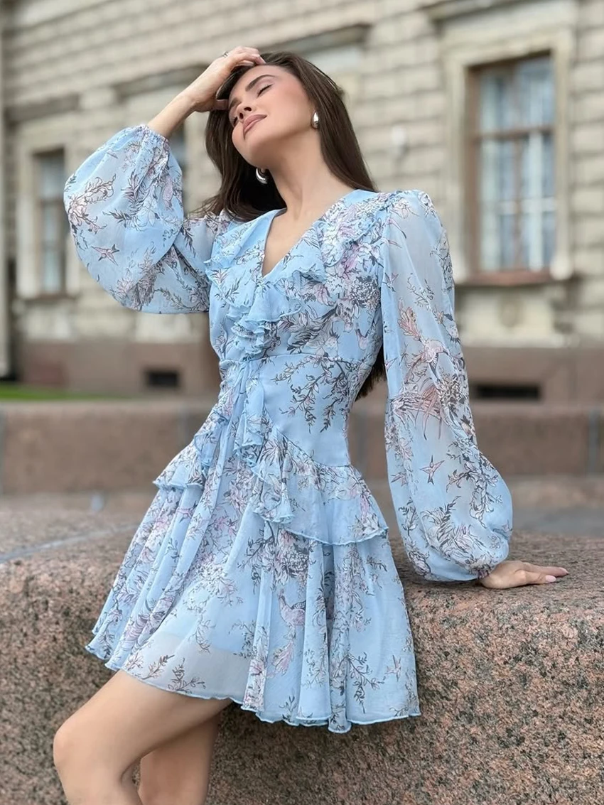 Marthaqiqi أزياء السيدات قمصان النوم بدوره إلى أسفل طوق منامة طويلة الأكمام ملابس نوم الطباعة فستان قصير الإناث ملابس خاصة الراحة #4