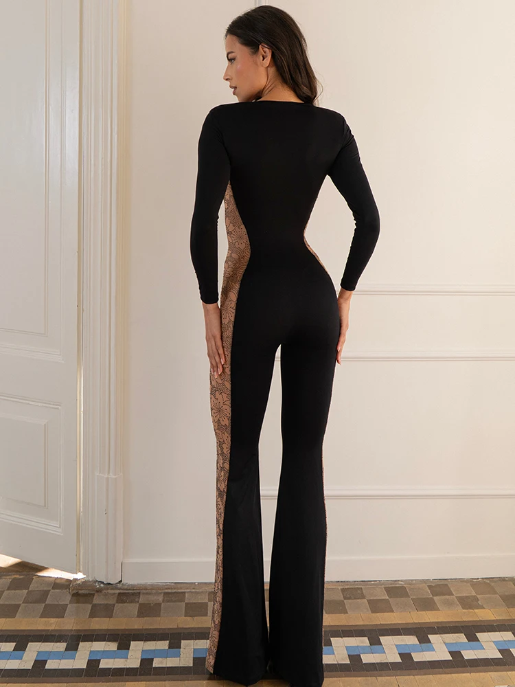 Combinaison élégante à manches longues en maille patchwork imprimée pour femmes, col carré sexy, haute élasticité, moulante, une pièce, vêtements décontractés