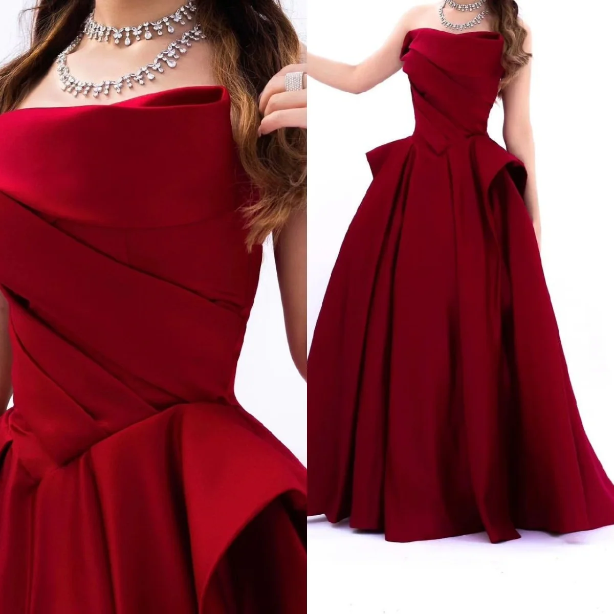 Satin A-Line Strapless Arab Ruffle Formal Elegant Prom Gown Saudi Floor Length Evening Party Dresses For Women Long Dresses