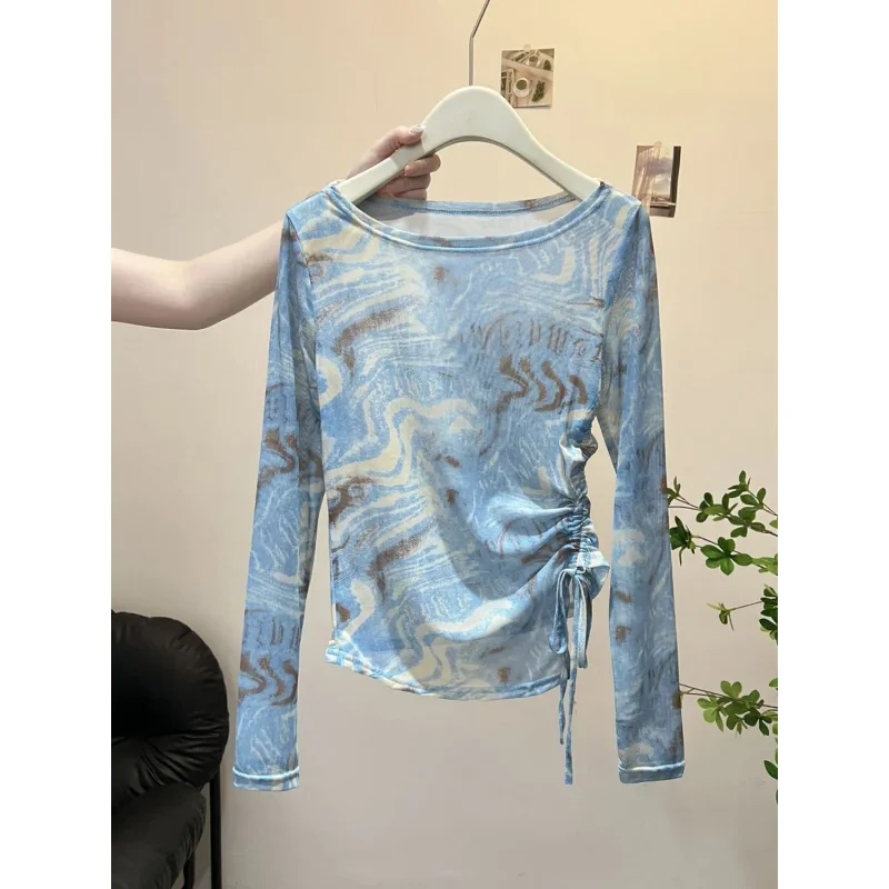 Millennial Retro Tie-Dye Mesh Sun Protective Shirt Summer Vacation Irregular Drawstring Long Sleeve Top with Design
