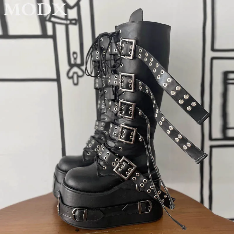 Punk Thick Bottom Boots Platform Belt Buckle Designer Round Head Side Zipper Knee-high Boot Unisex Fashion Lace-up Couple's Shoe