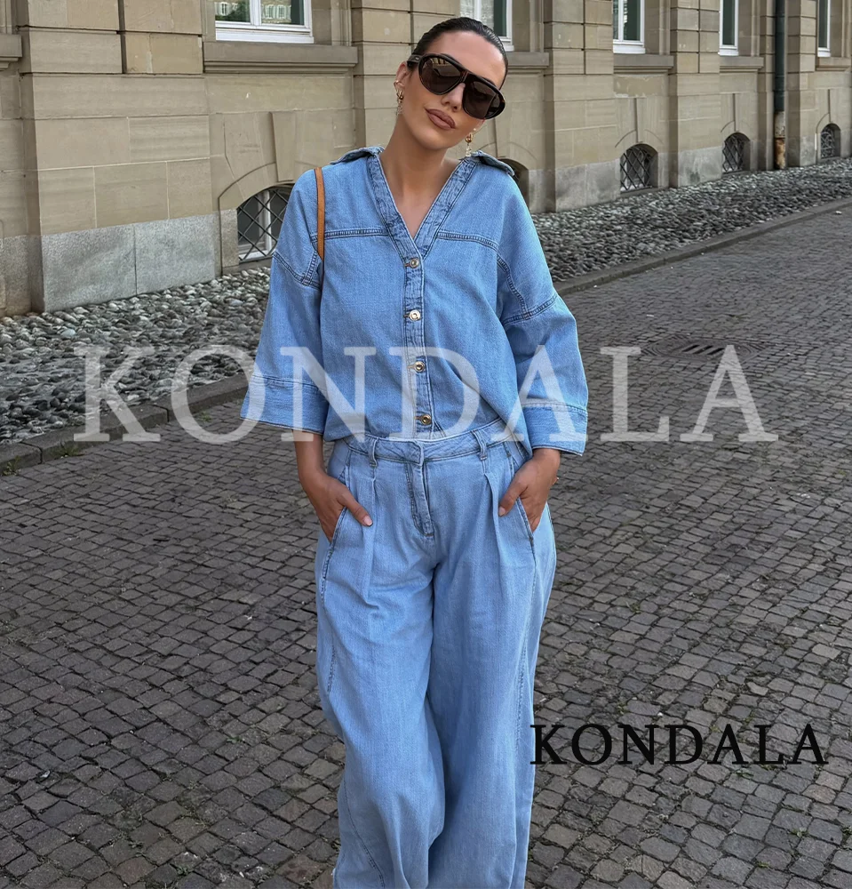 KONDALA Damen Elegantes Casual Denim-Hosen-Set 2026 Frühling Sommer Trendiges High-Street-Set Weitärmeliges Knopfhemd, Plissierte Hose