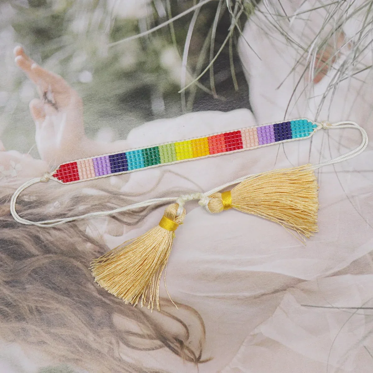 ZGMXR Bohemia Tide Hand Knitted Rice Bead Bracelet Set for Women Rainbow Quadrate Design Letter Beaded Jewelry