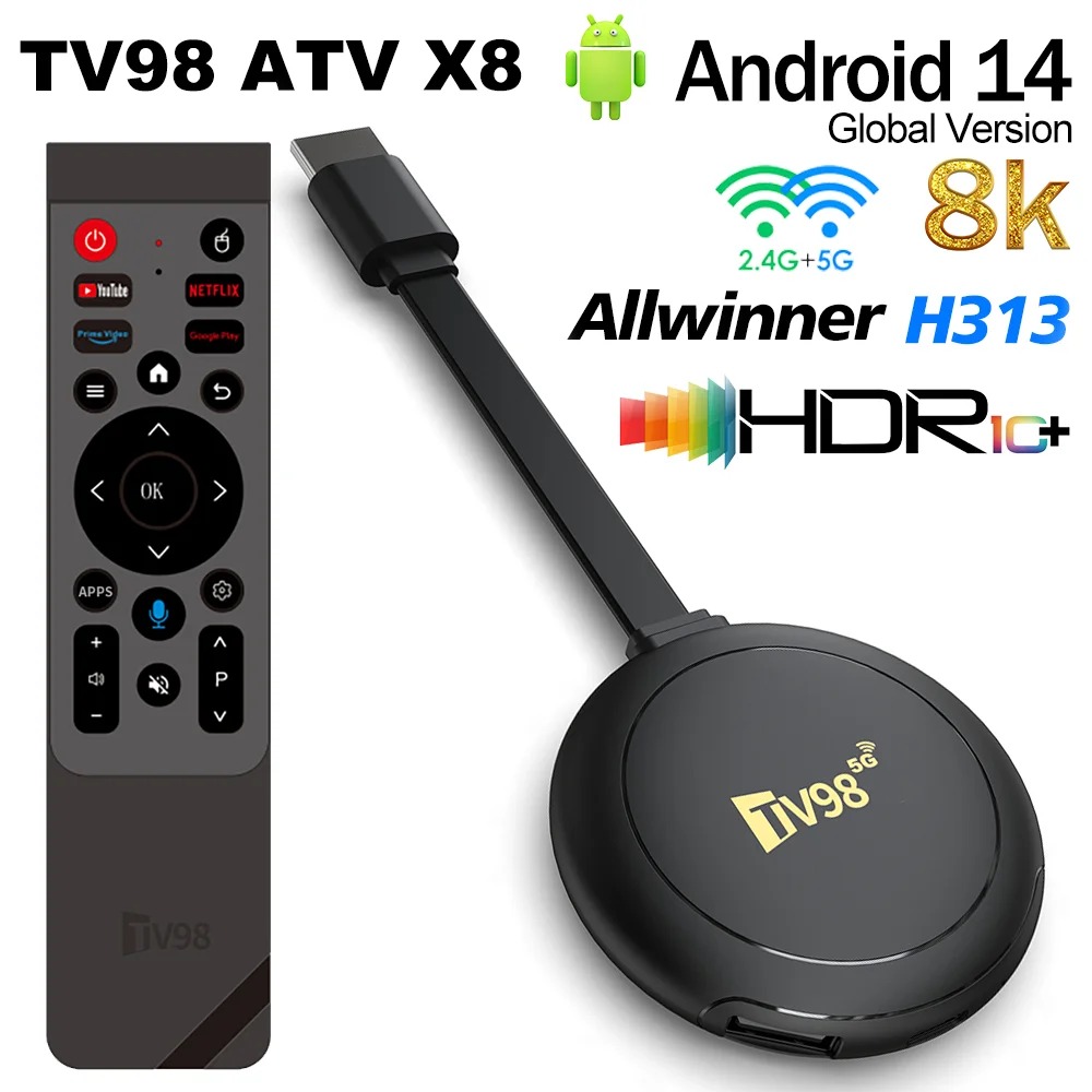 TV98 ATV X8 TV Stick 4G 5G Dual Wifi HD 8K 4K Android 14 H.265 BT 5.0 8GB 16GB Allwinner H313 quad-core Voice Remote