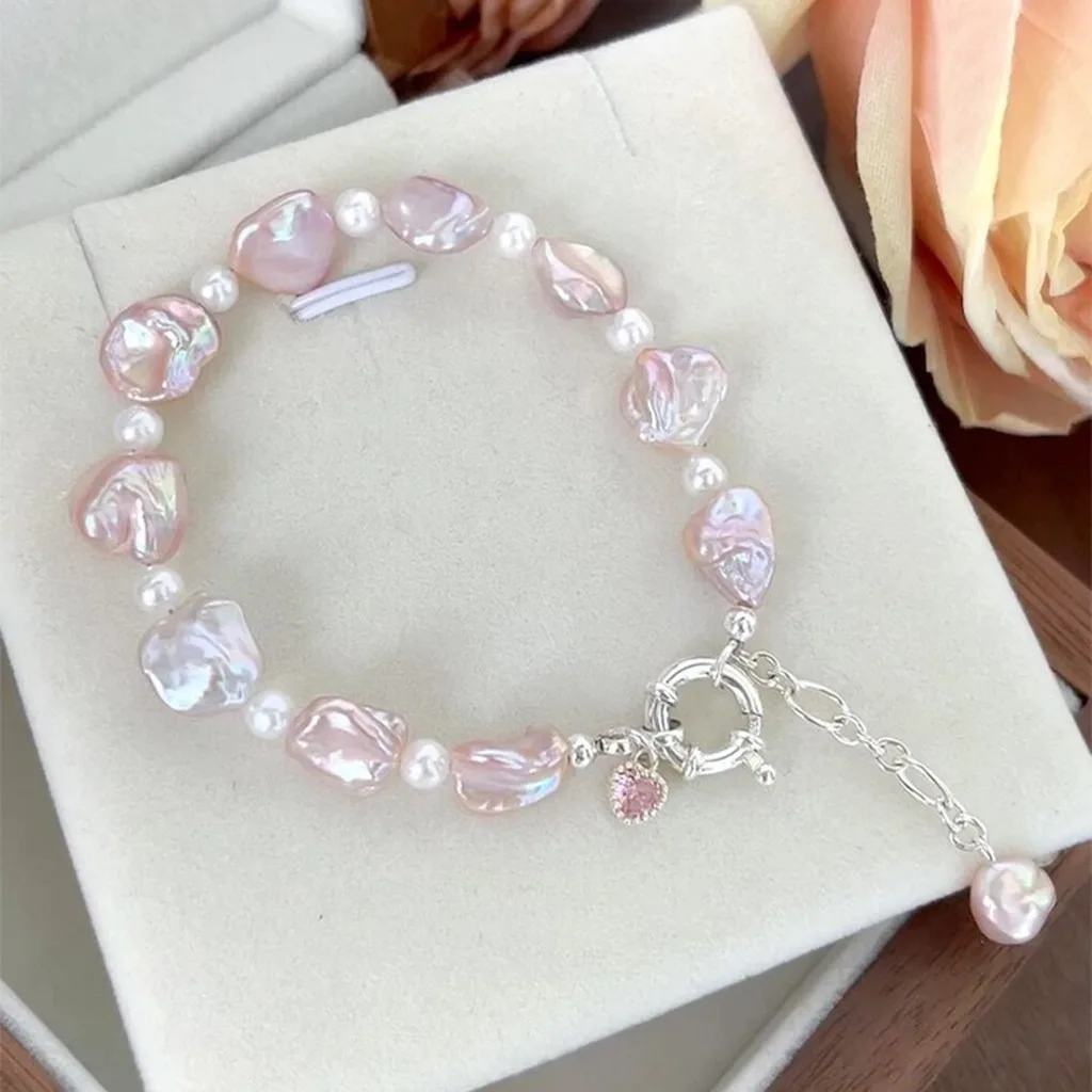 Pink Baroque Pearl Bracelet for Women Sweet Elegant Irregular Pearl Jewelry Adjustable Wrist Chain for Daily Wear Birthday Gift