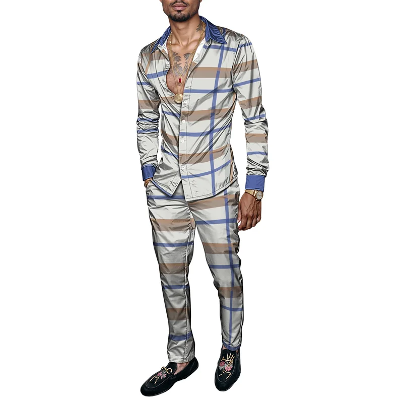 

Spring And Autum Striped Grid 3D Print Men Clothing Suits Tracksuit Long Sleeve Shirt Long Pants Two Piece Sets Clothing