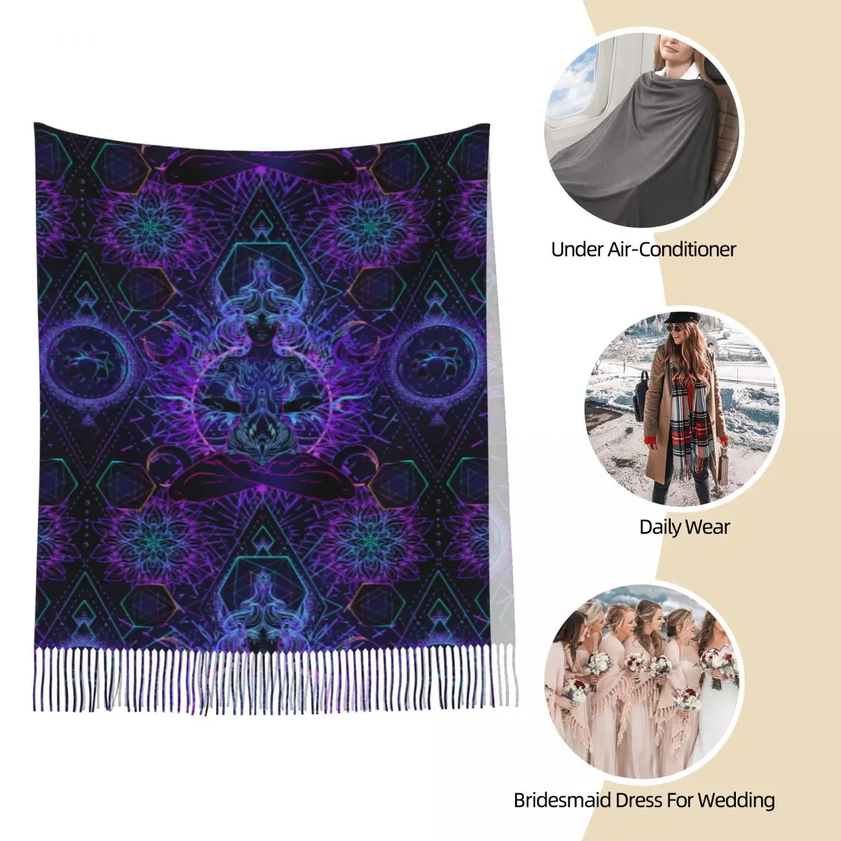 India Mandala Zen Buddha Scarf Women Warm Winter Pashmina Shawls and Wrap Mandala Psychedelic Large Shawl Scarf for Daily Wear