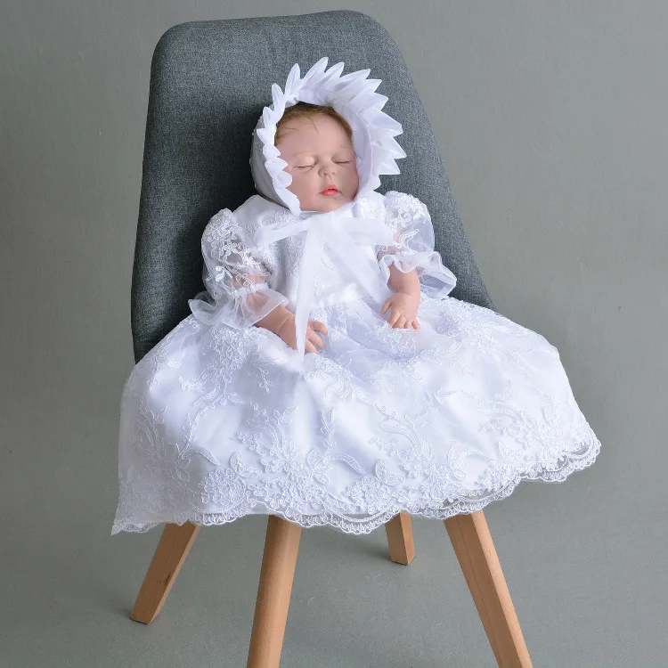 Long White Baby Girls Dresses Baptism Baby Girl 1 Year Birthday 2pcs Baptism Clothes Christening Gown RBF184016