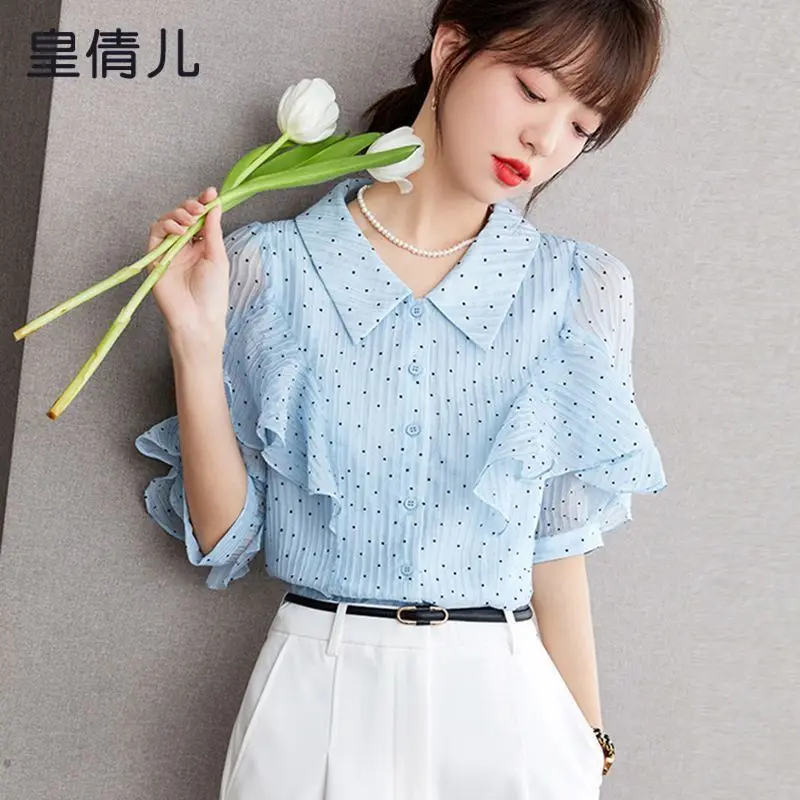 

Women Summer Simplicity Office Lady Loose Solid Color Polo Collar Short Sleeve Shirts Ladies Fashion All-match Chiffon Tops