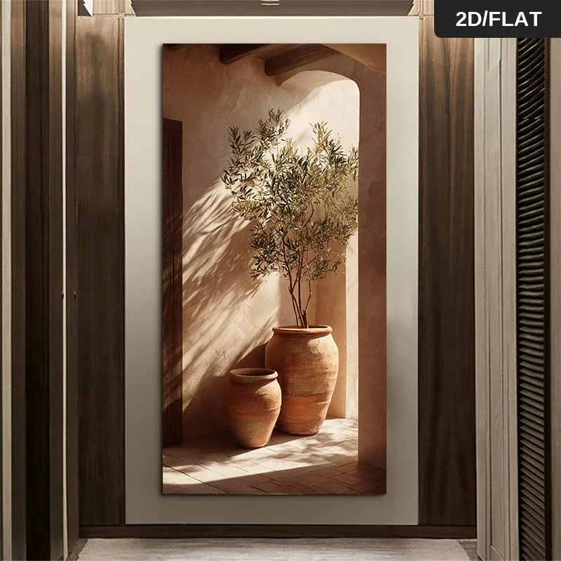 

Frameless Canvas Print Olive Tree in Terracotta Pots Beside An Arched Doorway, Perfect for Decorating Living Rooms and Bedrooms.
