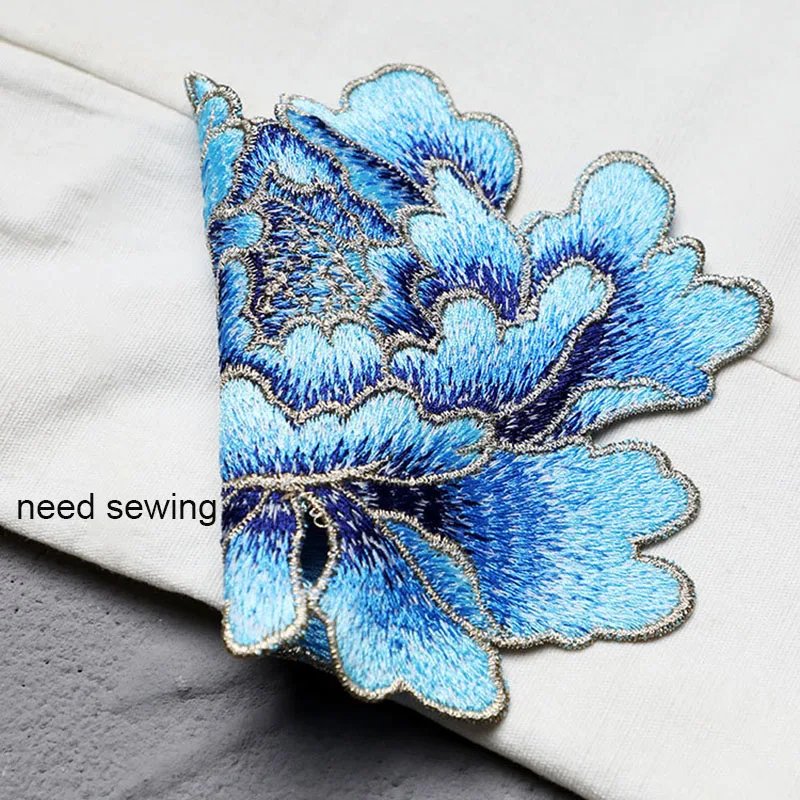 1 Piece 14.5*13cm Blue Pink Yellow Red Peony Embroidery Patch Applique Sew on Patch for Evening Dress Bag DIY Glue-free