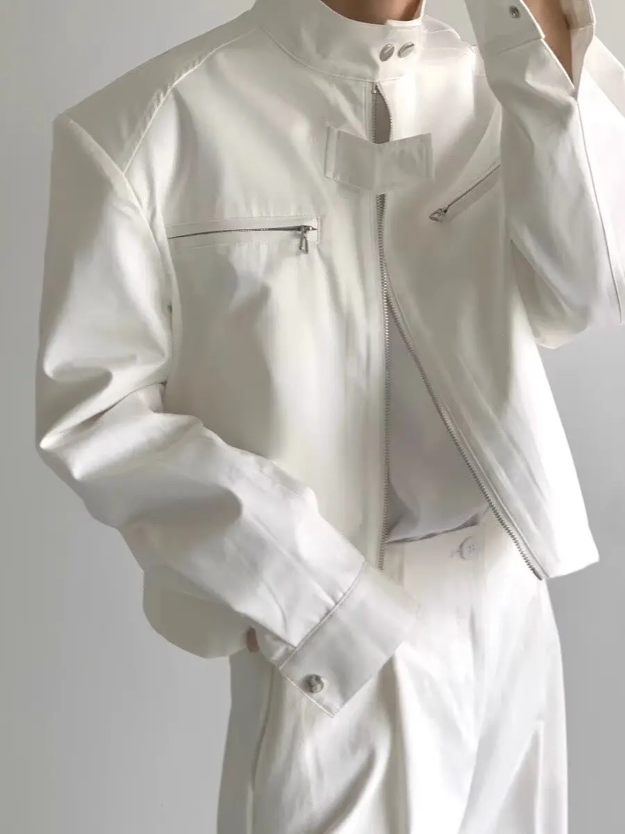 

American Sle ort Metal Zipper Men's Jaet oulder Padded White Loose Fit Outerwear Spring Autumn Vintage Casual Coat