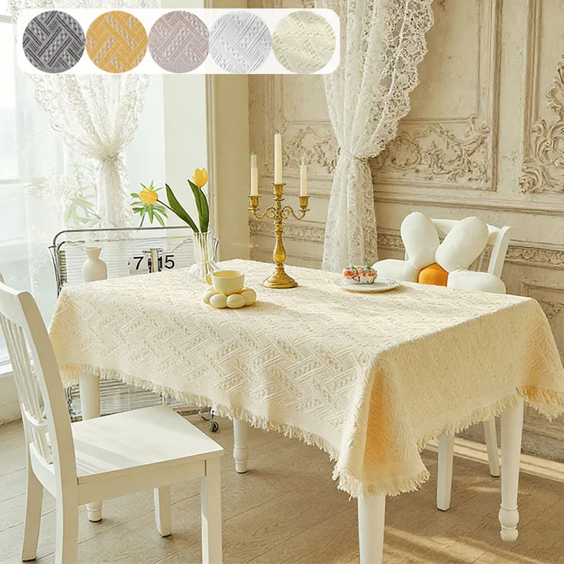High Aesthetic Solid Color Square Table Tablecloth with Creamy Texture and Tassel Table Cover Suitable for Banquet Restaurants