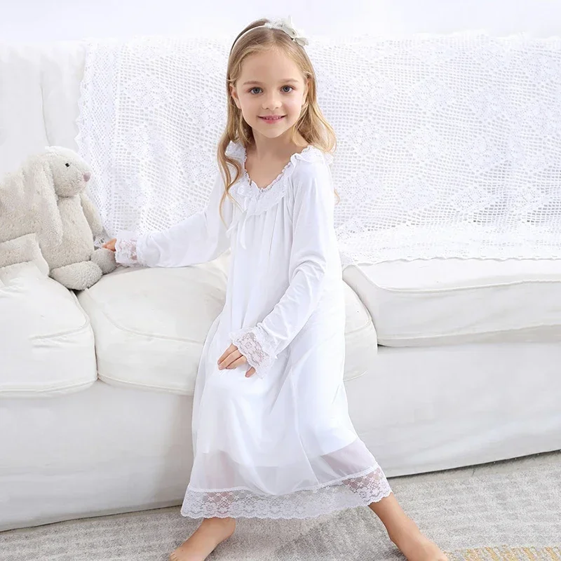 Girls Nightgown Kids French Court Tulle Pajamas Children\'s Sleepwear White Nightdress 2024 Spring Autumn Cotton Lace Nightwear