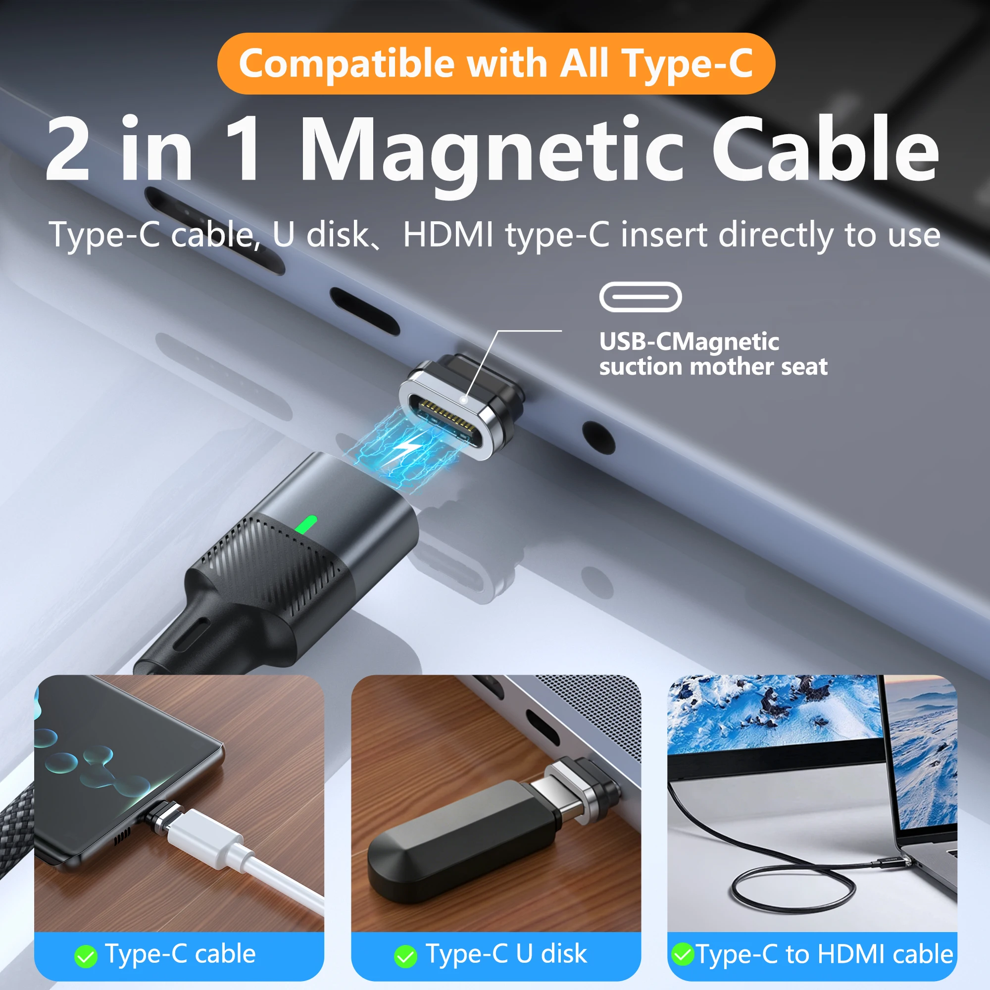 Magnetic USB C Cable 120Gbps Data Sync E-Marker Chip Nylon Braided 240W Magnetic Type C Charging Cable For Phone Laptop Notebook