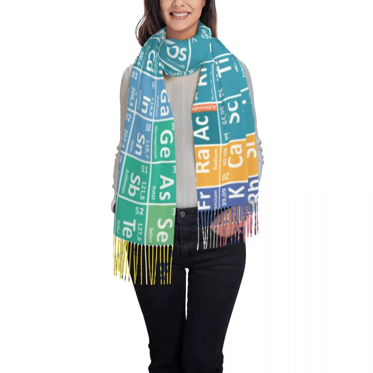 Periodic Table Scarf with Long Tassel Chemical Elements Outdoor Shawls Wrpas Lady DIY Scarves Wraps Winter Fashion Bandana