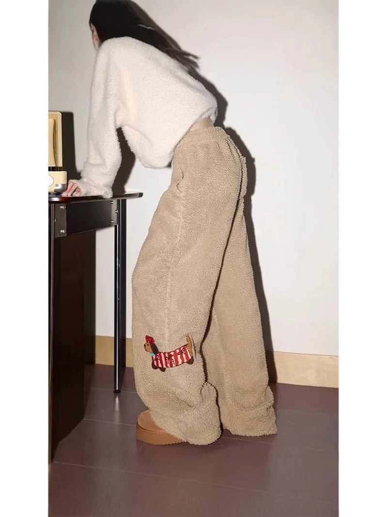 Embroidered Trousers For Men And Women, Winter Fleece Casual Cotton Trousers, Northeast Cold-proof Wide-leg Trousers