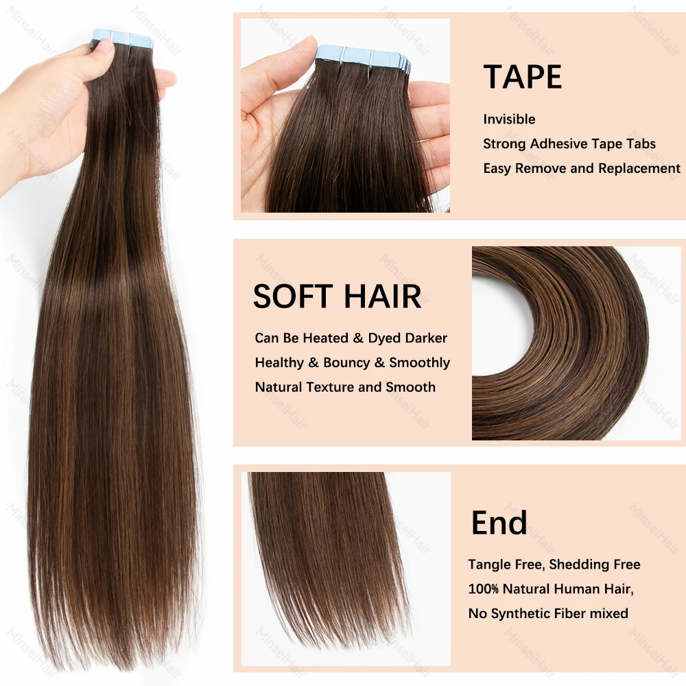 เทปต่อผมสีน้ำตาล T2-2-6 น้ำหนัก 40/50 กรัม 20 ชิ้น ผมแท้คุณภาพพรีเมียมแบบยุโรป  แบบมองไม่เห็นรอยต่อ  ขนาด 14-24 นิ้ว ผมแท้ธรรมชาติ