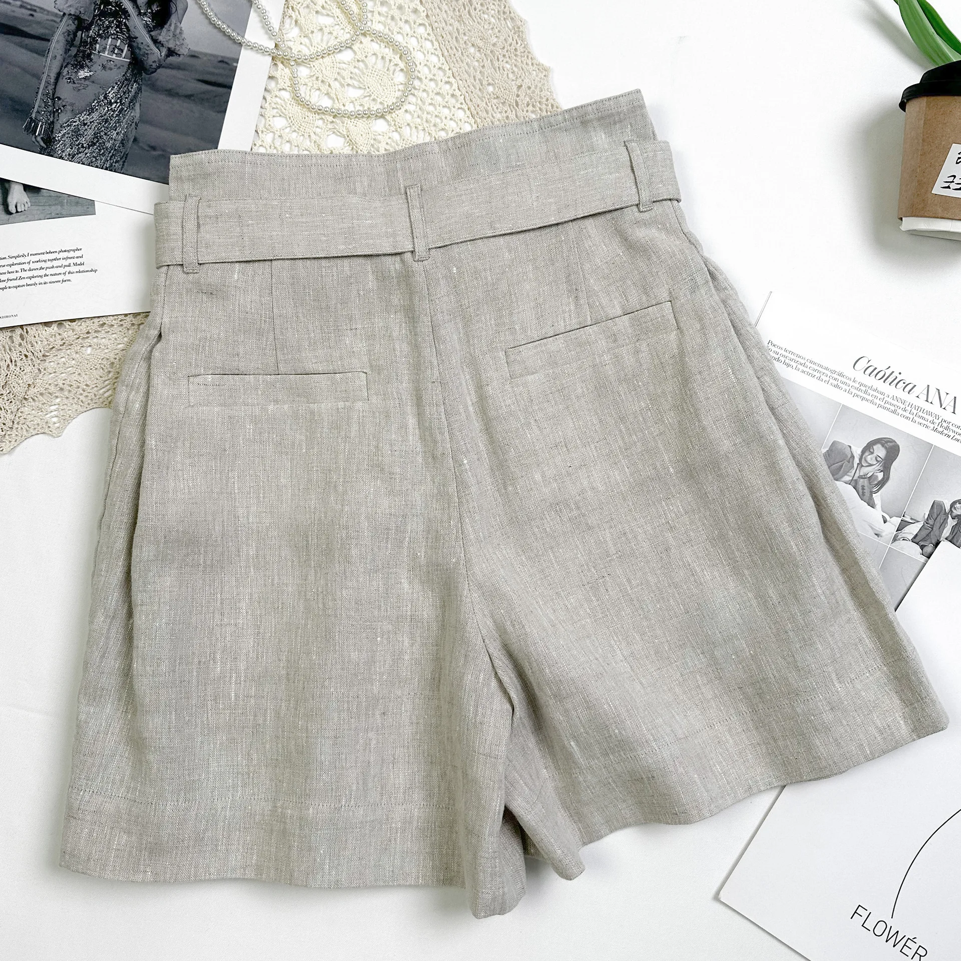 Calções de terno de linho feminino moda casual grânulo corrente cinto all-match shorts