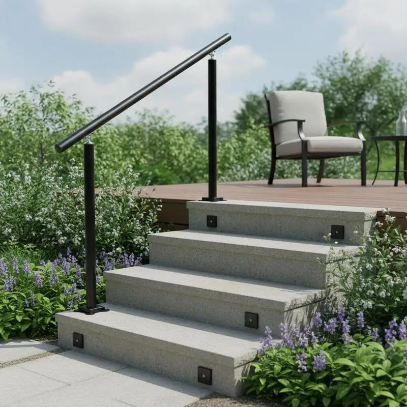 

Exterior Staircase Support System 3 FT Balustrade For Porch Garden Patio, 1-3 Steps Adjustable Angle Black Aluminum Construction Elderly Safety Hardware