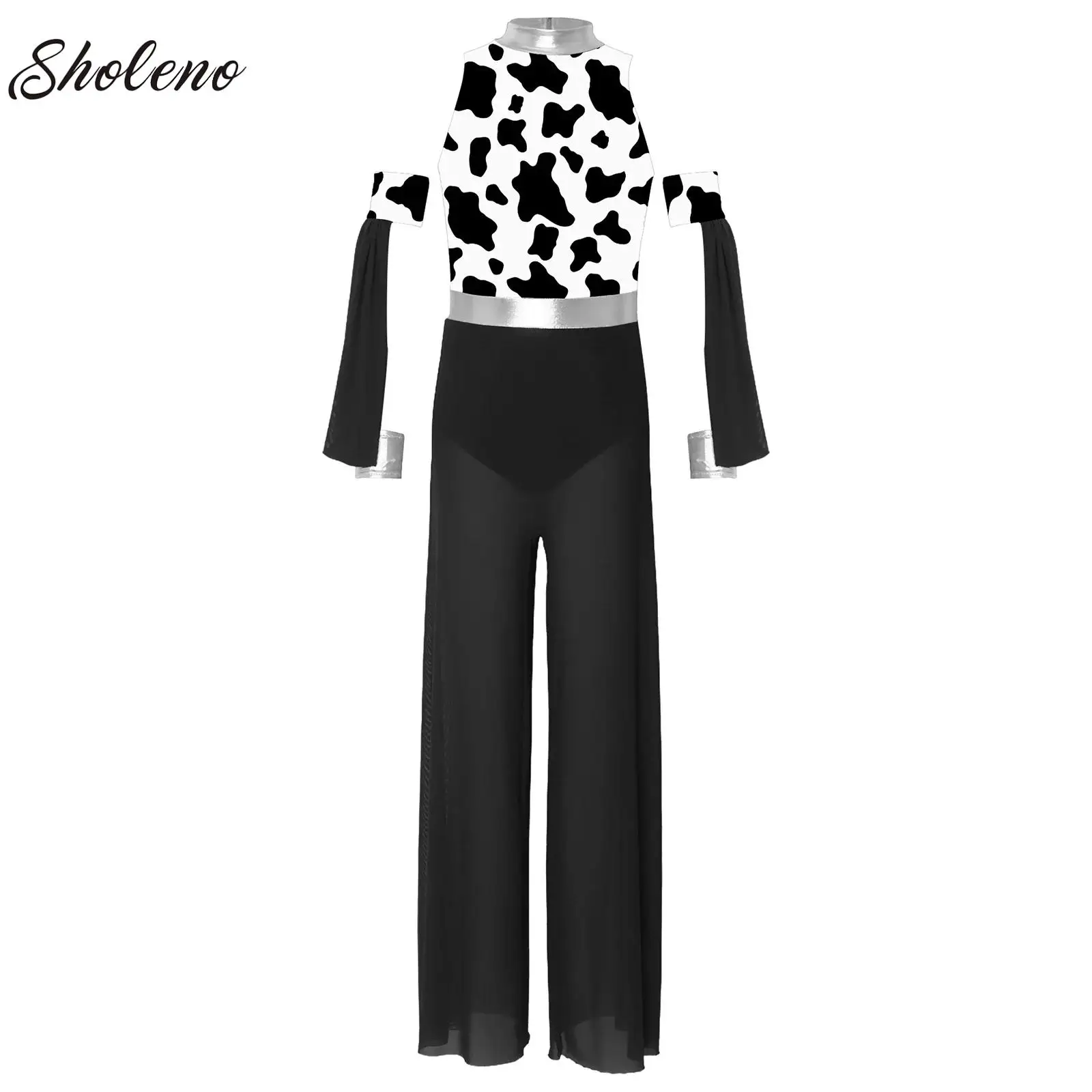 

Girls Lyrical Dance Set Ballet Jazz Dance Costume Printed One-piece Build in Briefs Jumpsuit and Oversleeves Cowgirls Outfits