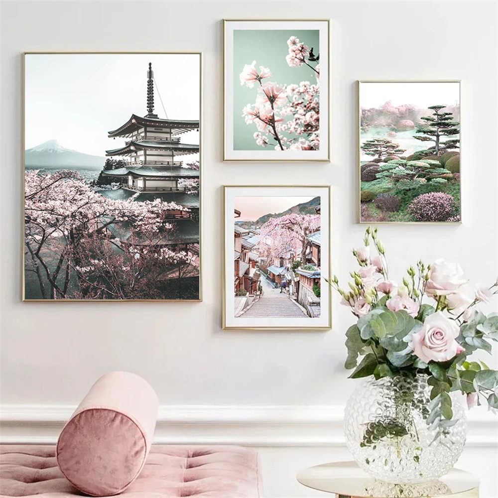 أزهار الكرز اليابانية معبد قرية المشهد قماش اللوحة الملصقات والمطبوعات صور فنية للجدران غرفة المعيشة ديكور المنزل