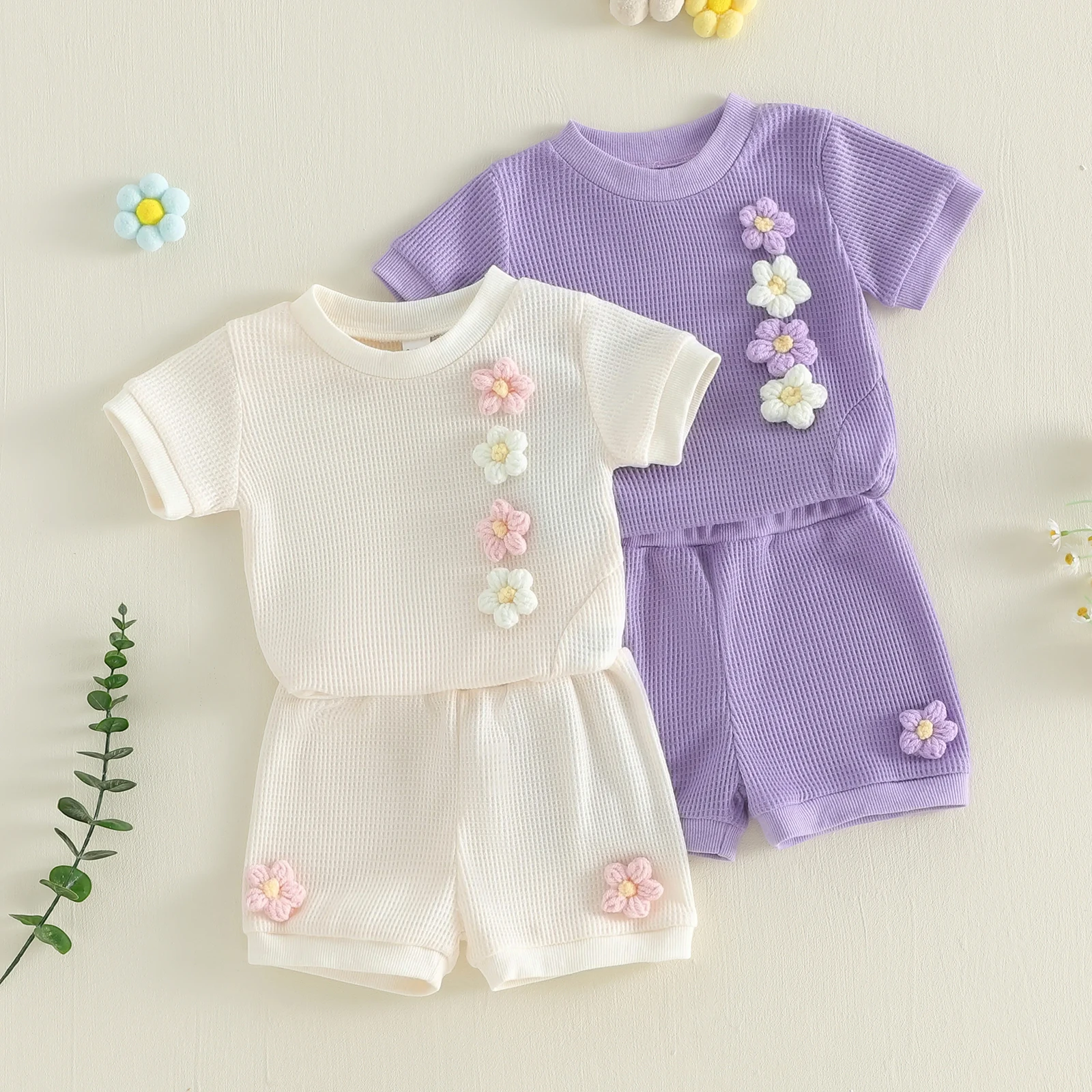 0-4Y Little Girls 2 Piece Outfits Adorable 3D Flower Waffle Short Sleeve Round Neck t shirt Tops Shorts Sweet Girls Set