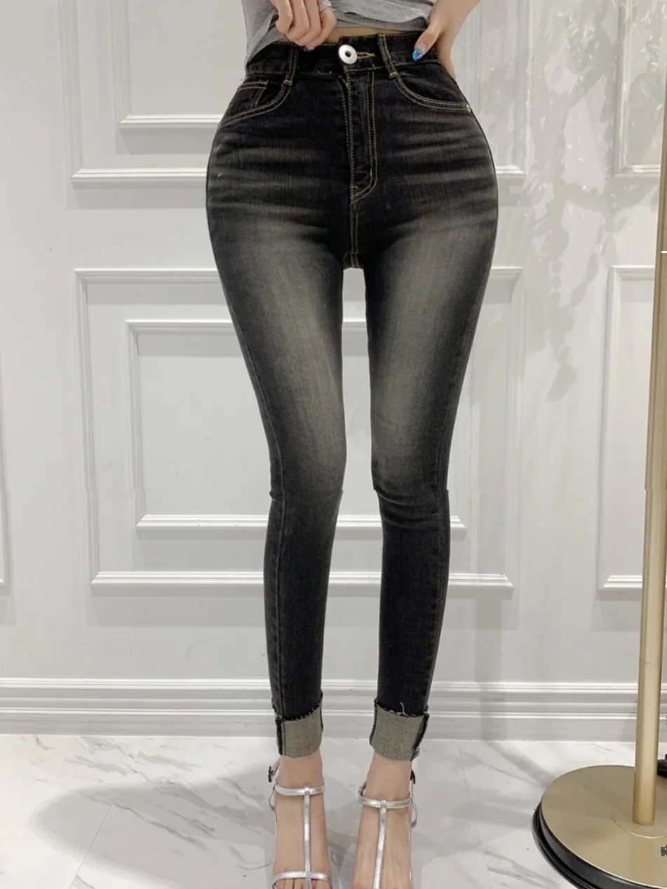 

Облегающие джинсы с высокой талией, женские джинсовые брюки с талией в стиле ретро, хлопковая эластичная ткань, весенне-осенний сезон, модный тренд