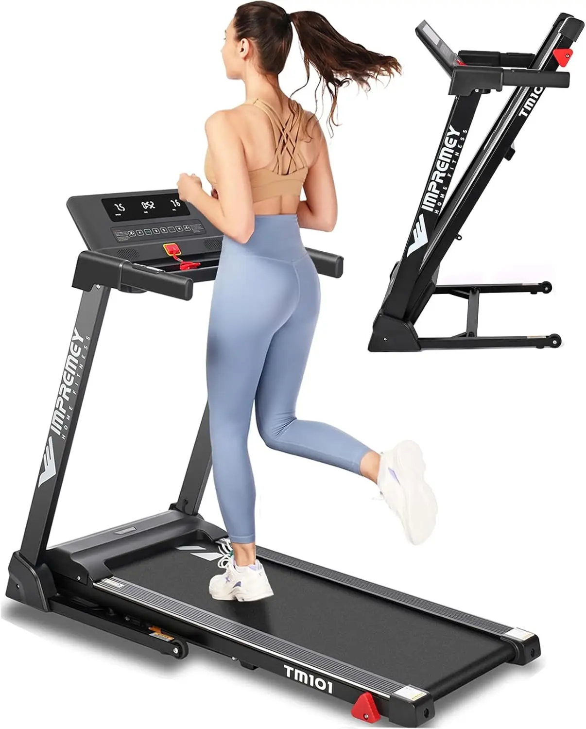 Folding Treadmill with Incline, Electric Treadmill with 42” x 16” Large Running Belt, Heart Rate Monitor, Easy Assembly, 64 Pres