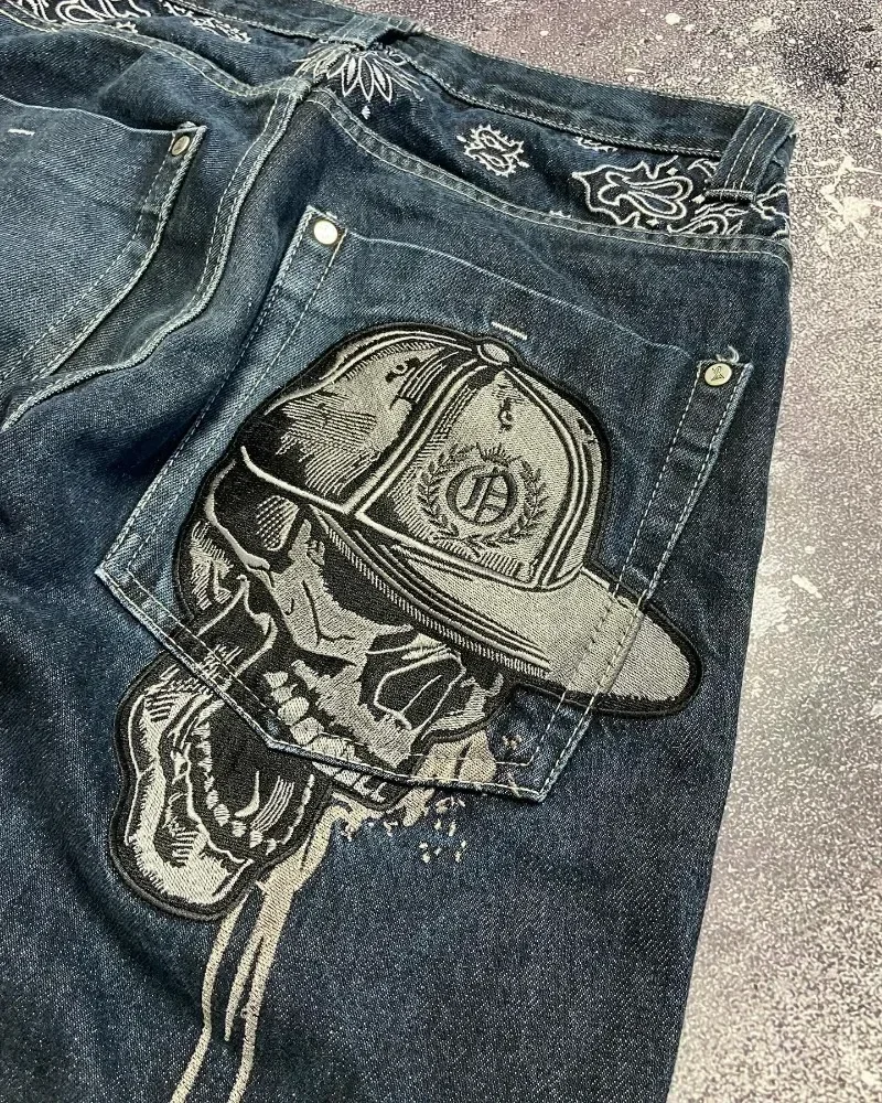 Amerikanische Jeans Männer Harajuku Vintage Hohe Taille Casual Jeans Unisex Y2k Hip Hop Breite Bein Hosen Gothic Zipper Schädel Gestickt