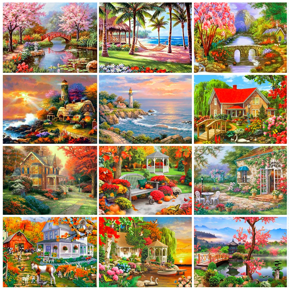 5D DIY Diamond Painting Colorful House Garden Scenery Embroidery Mosaic Pictures Full Drills Cross Stitch Kits Living Room Decor