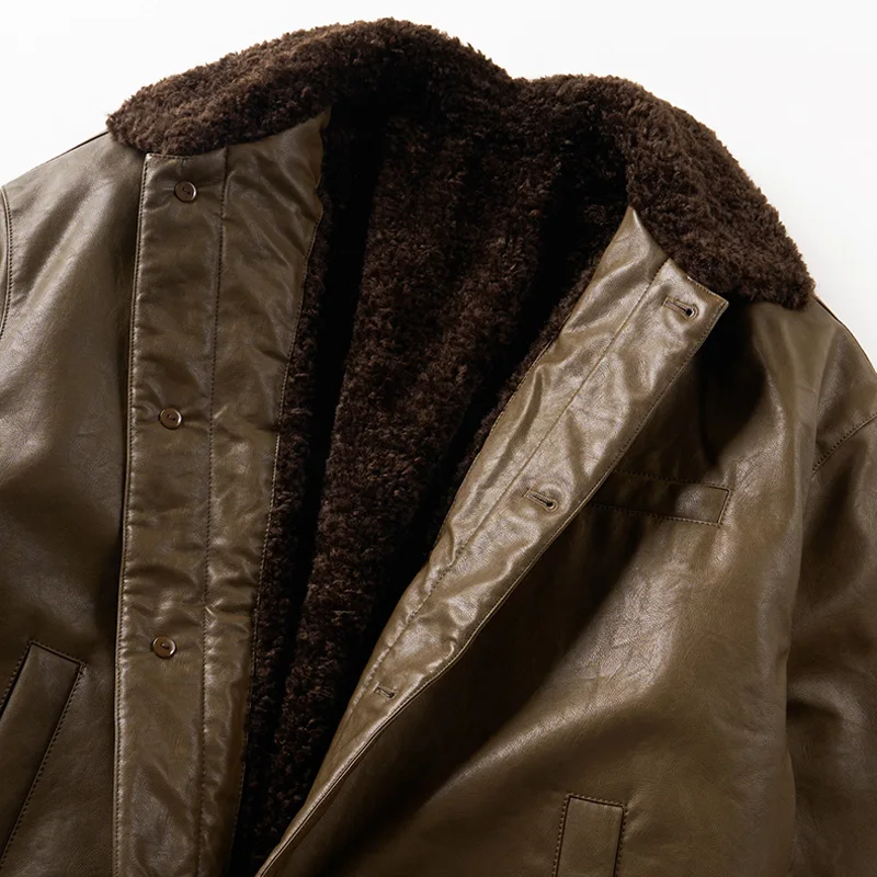 الرجال الشتاء الصوف بطانة فضفاضة عادية سميكة الدافئة سترة جلدية البضائع رجل الشارع الشهير موضة دراجة نارية سترة معطف ملابس خارجية #6